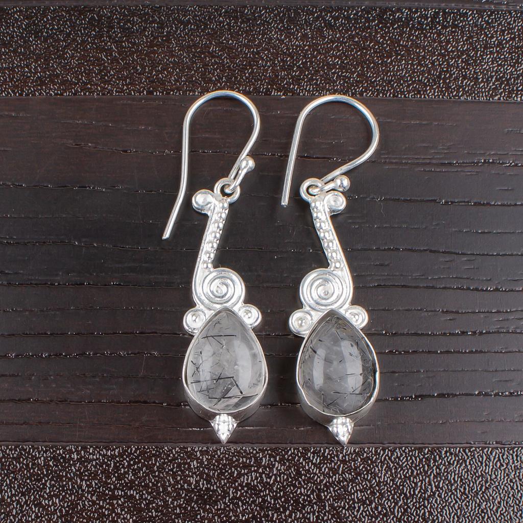 925 Sterling Silver black rutile Gemstone Artisan jewelry Earrings 2.10"For Wife EE-37-22