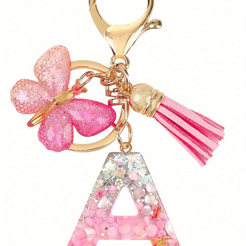 Personalized Bling Monogram Keychain for Women - Resin Letter Charm with Silvery Glitter, Pink Pebble & Gold Star Shaker - Birthday Gifts for Her