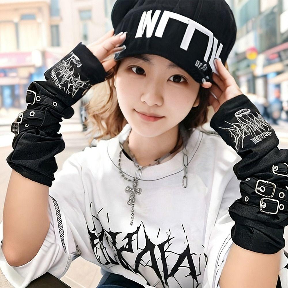 Kreativní kovová přezka Návleky na paže Tmavý Punk Y2K Rukavice bez prstů Výšivka Japonské Cosplay Rukavice Dámské