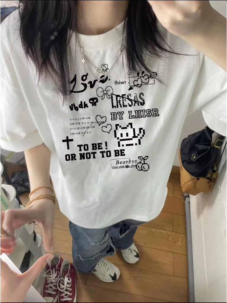 Retro American Plus Size Pure Cotton Women's Short Sleeve T-shirt - Summer 2026 Oversized Loose Fit