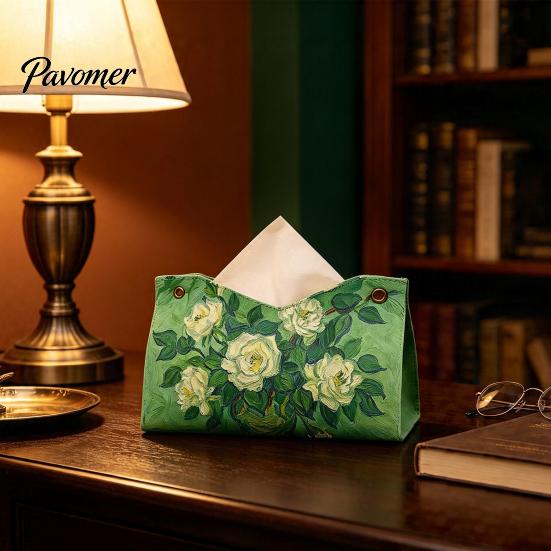 Decorative Paper Dispenser Leather Tissue Box Cover, Foldable Desktop Organizer, Oil Painting Style Napkin Holder Case, Space Saving Organizer Facial