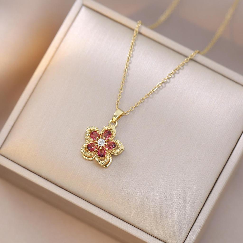 Purple Bauhinia Zirconia Flower 360° Rotatable Necklace for Women – European & American Style, New Five-Petal Design