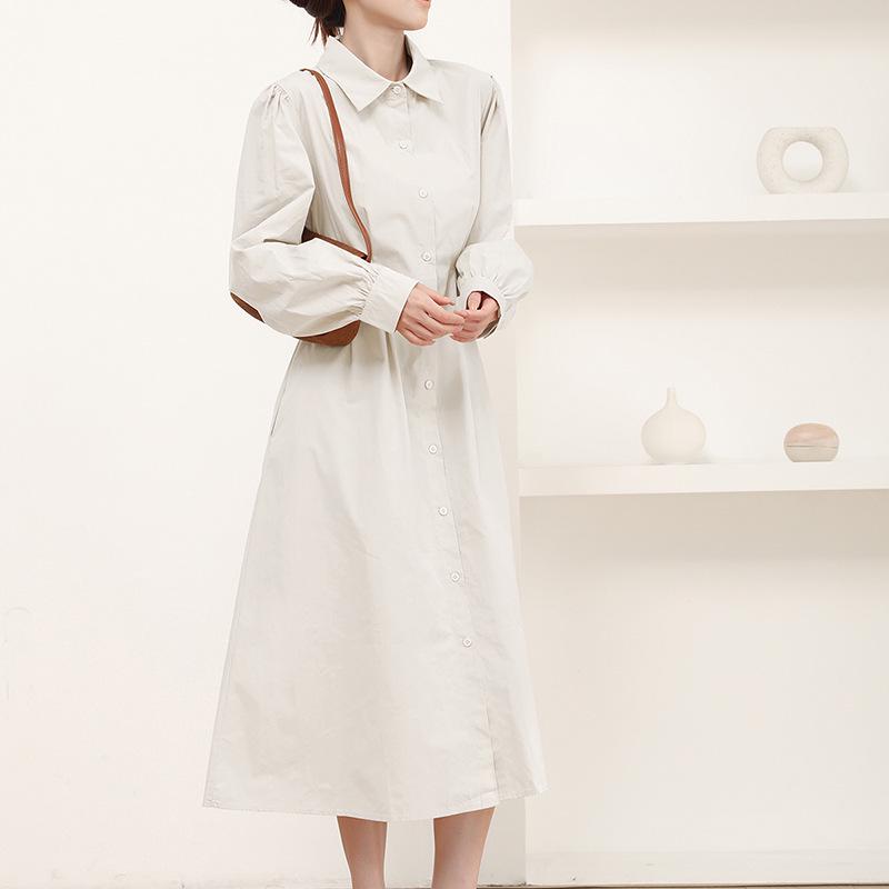 

Women s French Style Lace-up Shirt Dress - Summer Fashion, Waist-cinching, Single-breasted, Long Sleeve L абрикосовый