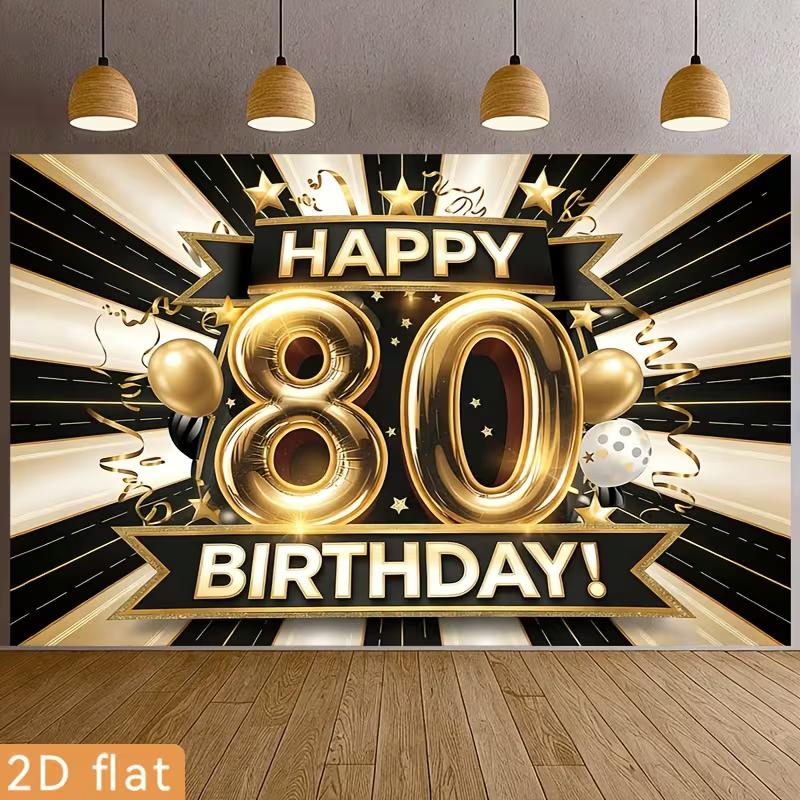 2D 80th Birthday Decoration Backdrop Black Gold Happy 80 Birthday Banner Photo Booth Background for Party Supplies