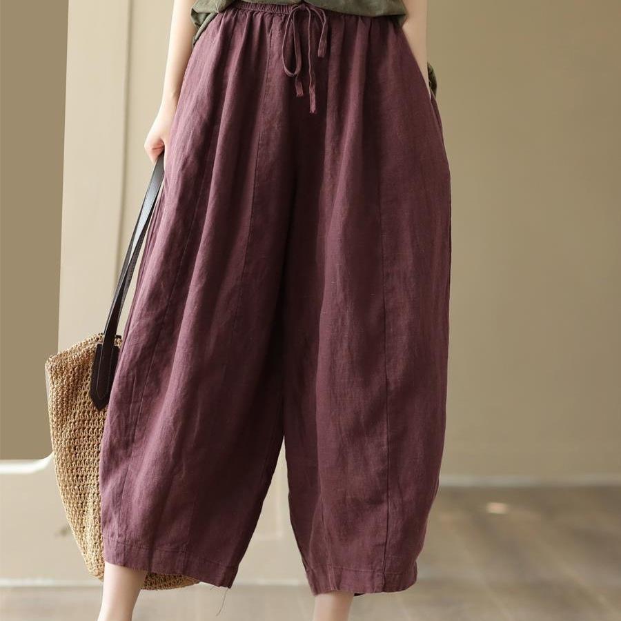 Damen Haremshose aus Baumwolle und Leinen mit elastischem Bund - Retro Patchwork, Lockerer Schnitt, Fließender Laternenstil für den Sommer