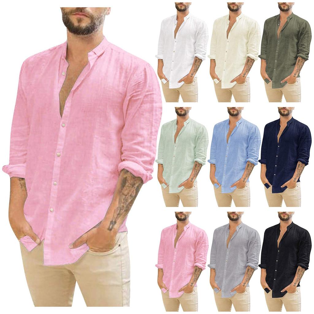 Men's Linen Cardigan Solid Color Casual Stand-Up Collar Long Sleeve Shirt