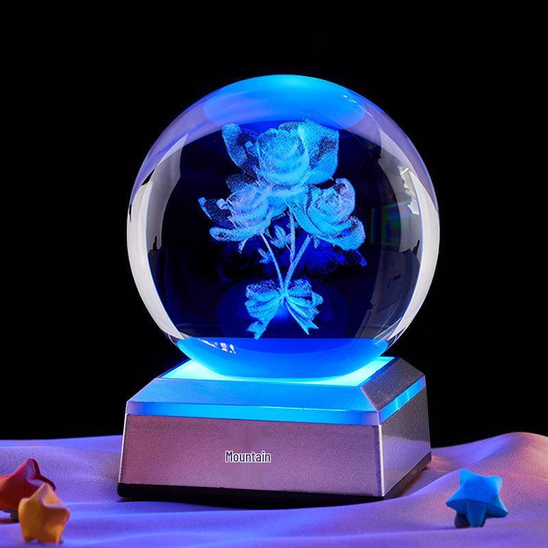 Crystal Ball Night Light with Three Rose Stickers – Elegant Desktop Ornament & Birthday Gift for Girls, Friends, or Boyfriend