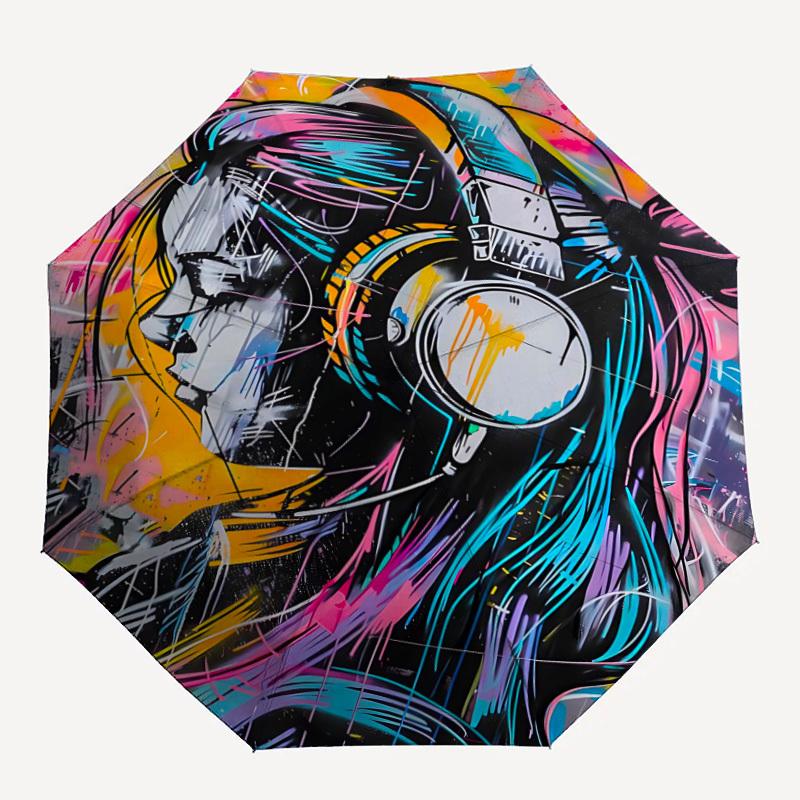 

1PC Headphones, Graffiti Automatic Folding Umbrella, Portable & Foldable Design with 8 Ribs, 98