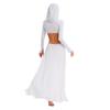 Women Sheer Maxi Dress High Slit Design Hooded Face Cover Long Sleeves Hollow Out Mesh Coverup Gown