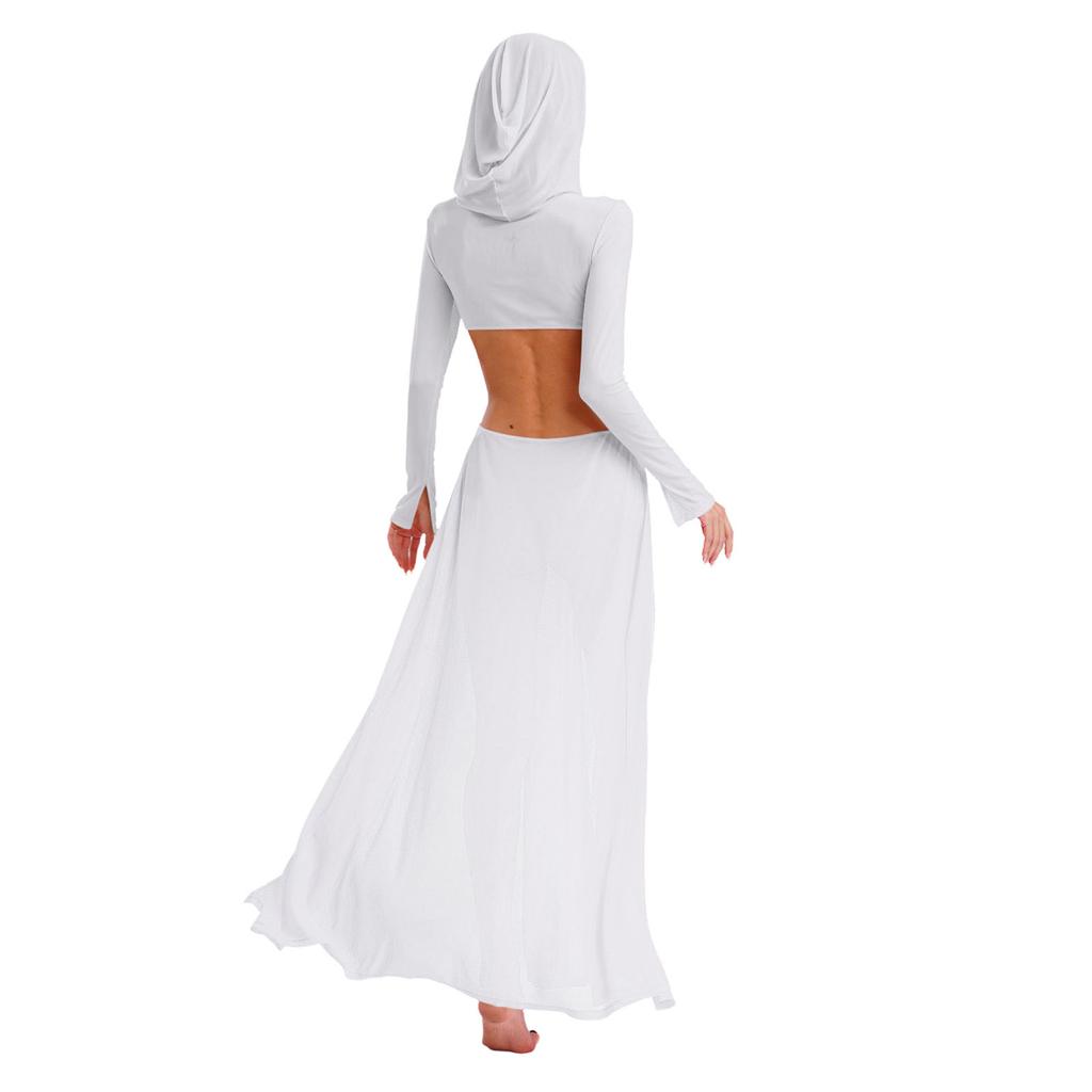 Women Sheer Maxi Dress High Slit Design Hooded Face Cover Long Sleeves Hollow Out Mesh Coverup Gown