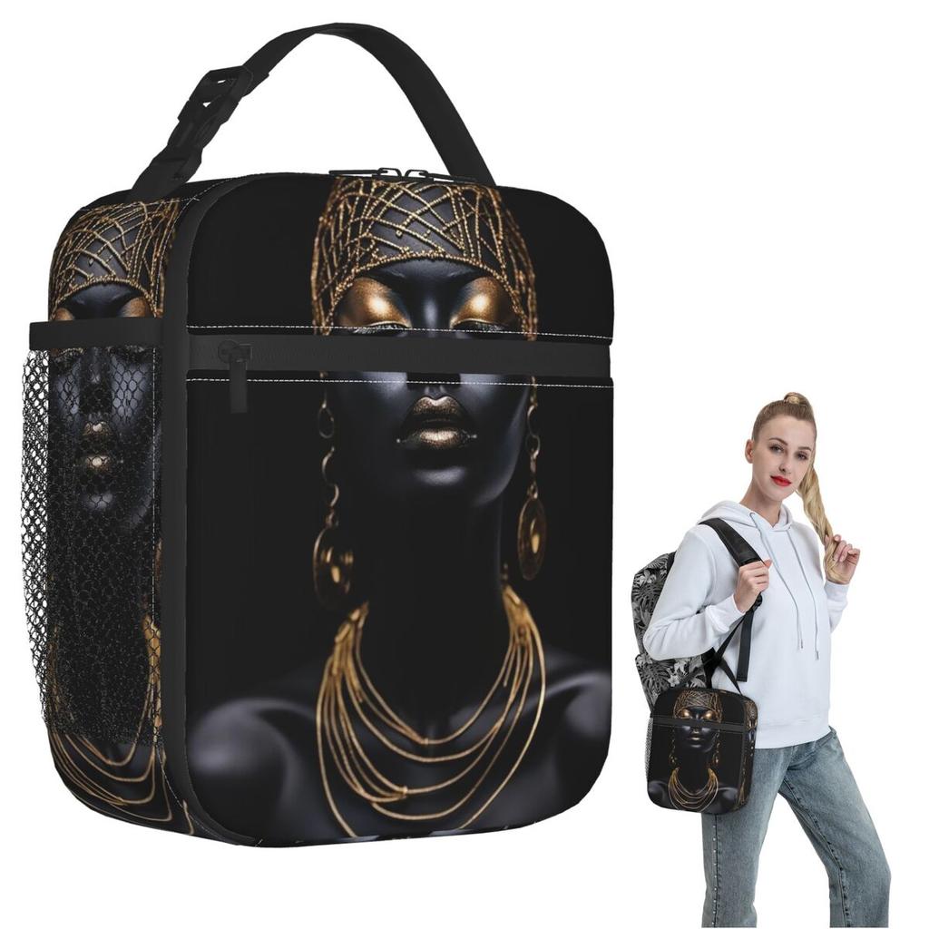 Golden Serenity African Woman Art Insulated Lunch Bag for Women Children Portable Food Boxes Thermal Lunch Box Tote