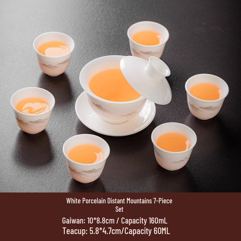 High-Grade Mutton Fat Jade Rotating Lid Bowl and White Porcelain Teapot Set