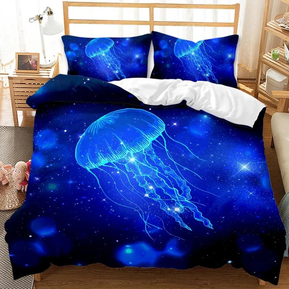 3D Quallen Bettwäsche Set 3-teilig Queen Size Quallen Druck Bettbezug Weiche Polyester Bettdeckenbezug für Erwachsene Teenager Kind Junge
