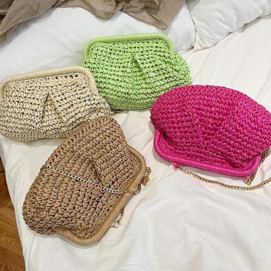 Women Shoulder Bag Slim Metal Chain Straw Braided Solid Color Large Capacity Handbag Shell Shape