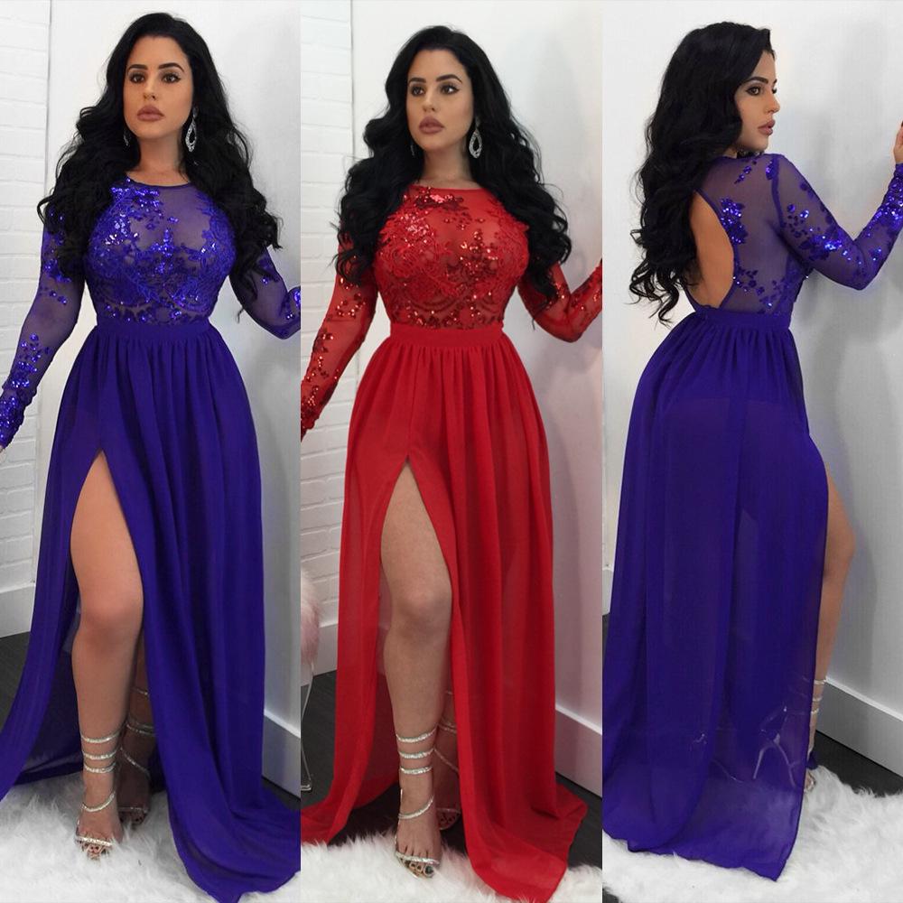

European & American Backless Sequined Lace Floor-Length Slit Evening Dress S