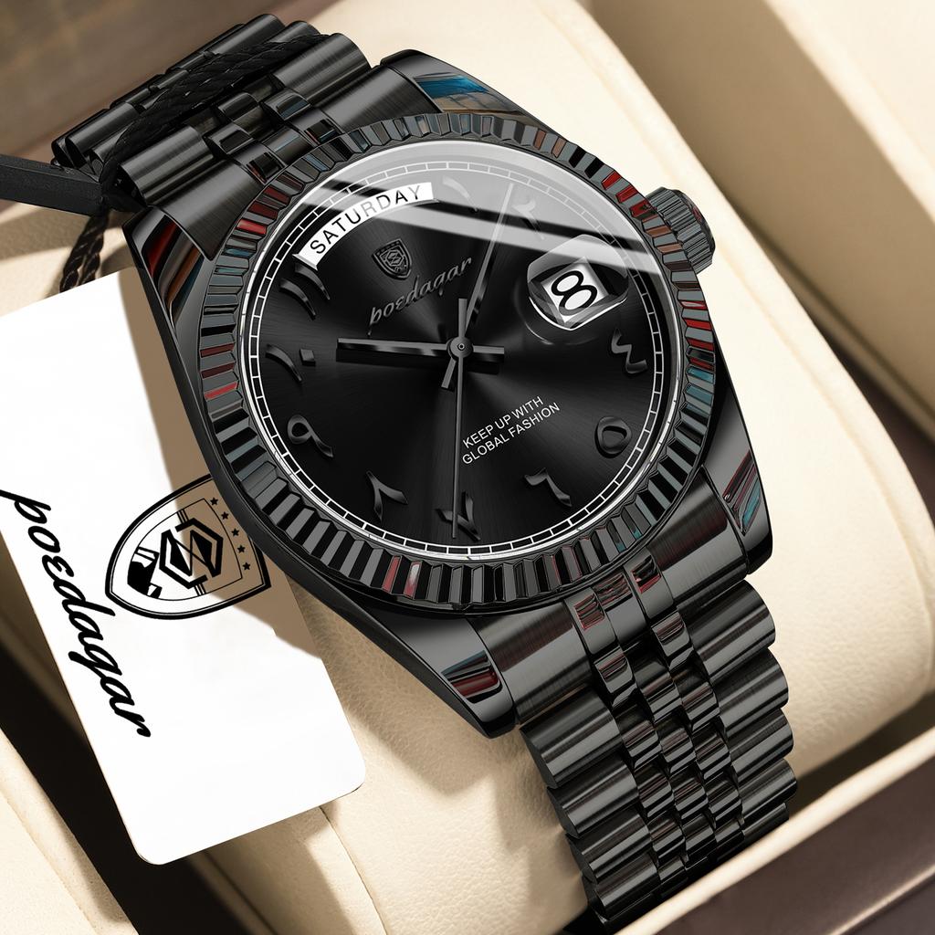 POEDAGAR Fashion High Quality Men Clock Waterproof Date Week Watch for Man Stainless Steel Luxury Quartz Watches + Box