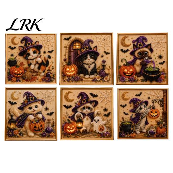 Halloween Home Decorations Witch Hat Cat DIY 3D Pearl Painting Kit with Frame, Hand-Pasted Art Craft for Adults, Relaxing Personalized Gifts