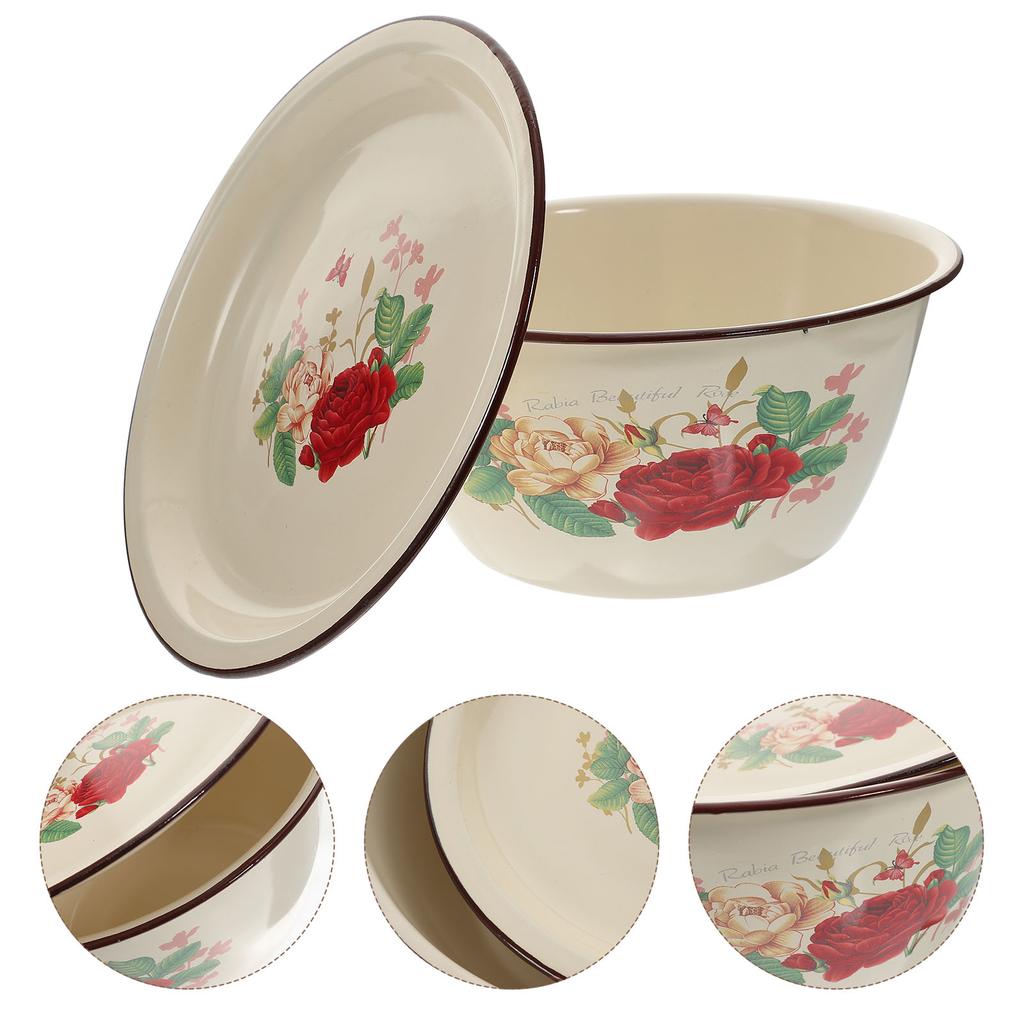 1 Set 20cm 2L Vintage Enamel Basin with Plain Lid Old-Style Retro Enamelware,Kitchen Mixing/Serving/Oil Storage Bowl,Home