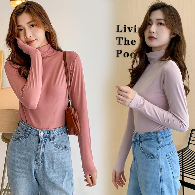 Women's Modal Turtleneck Undershirt Long Sleeve T-shirt Spring Autumn Winter Solid Color Stretch Tight Top