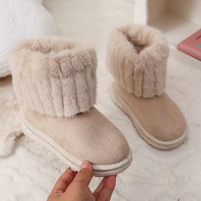Shoes for kids Winter girl's Black Round Toe Solid Flock Plush Warm Mid Heel Water Proof Casual kids Snow Boots botas niña