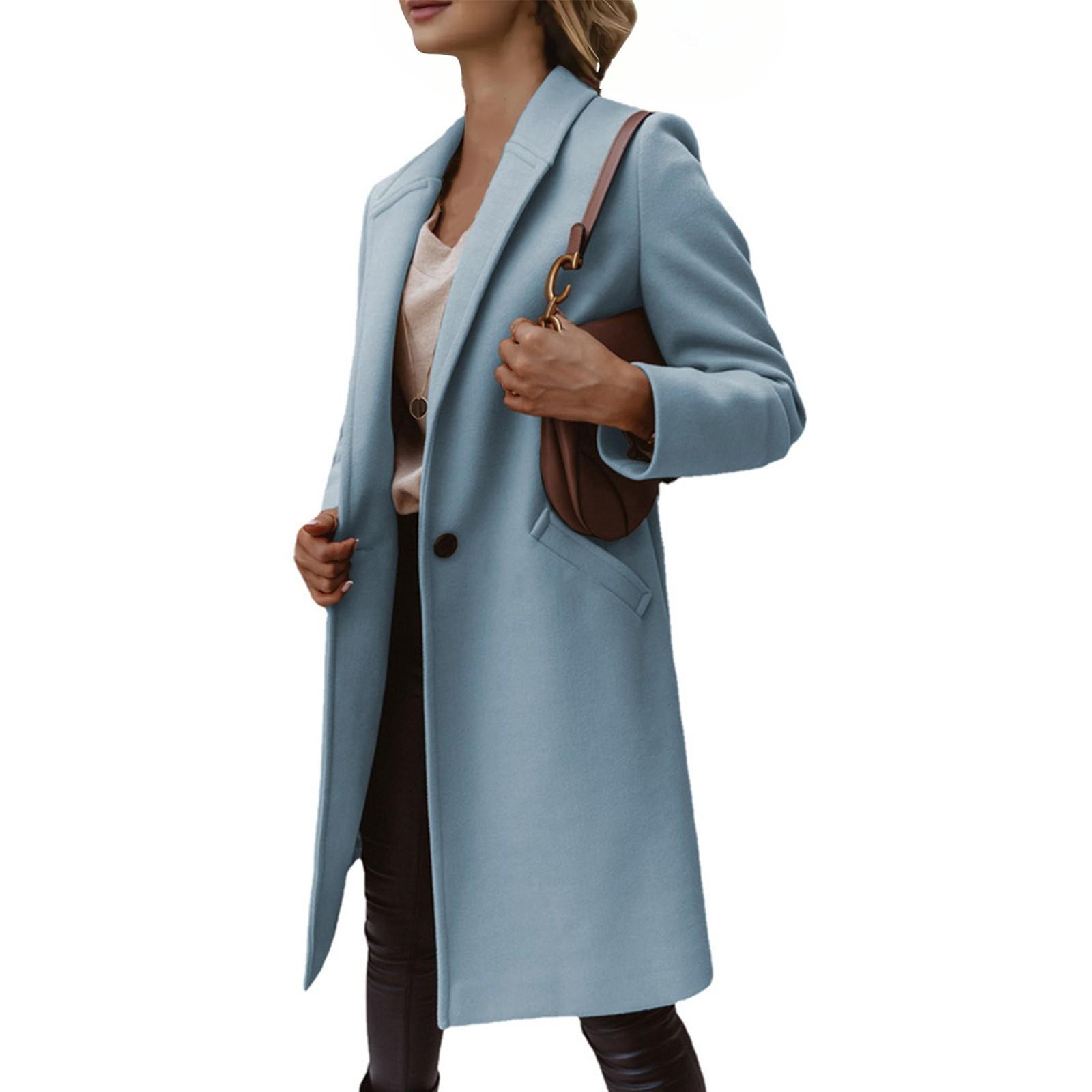 

Женское шерстяное пальто средней длины с однотонными лацканами и пуговицами L