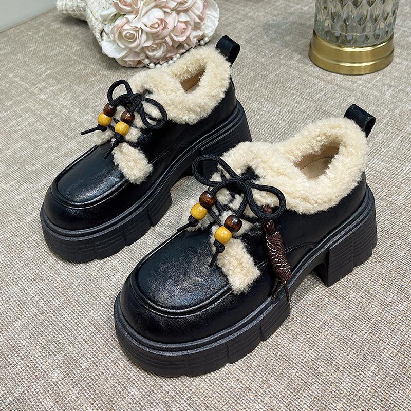 Women's leather shoes 2026 new autumn and winter thick heeled black small leather shoes versatile thick soled loafers for women