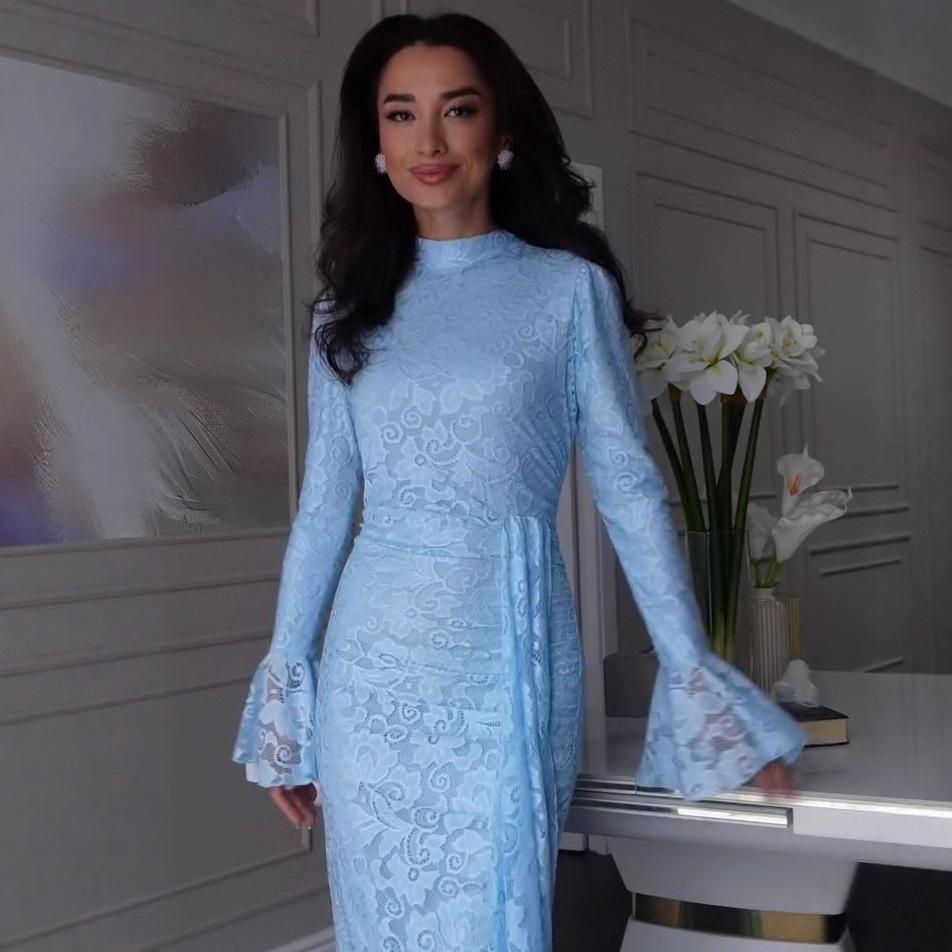 European and American women's cross-border foreign trade 2025 light and mature summer new lotus leaf sleeves waist and hip evening dresses lace dresse
