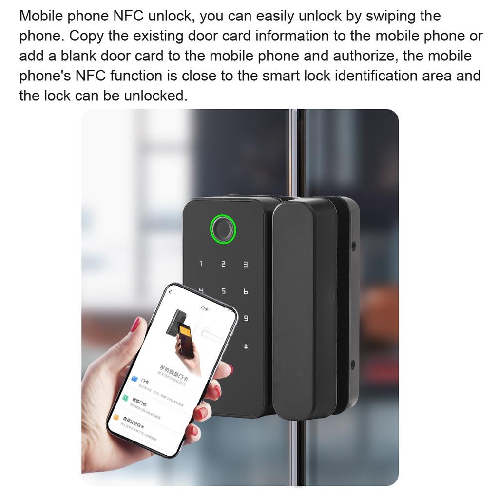 APP Smart Fingerprint Biometrics Number Code Card Password Lock Frameless Frame Glass Push Sliding Door for Home Office  Black