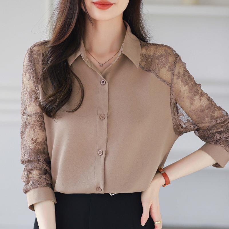 Western Style Women's Collar Lace Patchwork Chiffon Shirt Top Cardigan Shirt