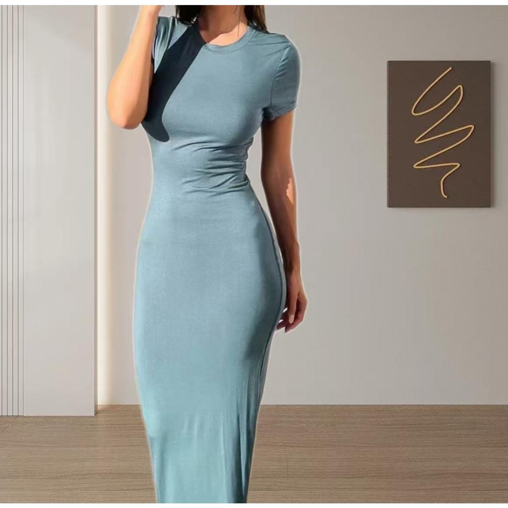 New Solid Color Round Neck Long Maxi Dress Streetwear Fashion Trendy Women's Dress European American Style
