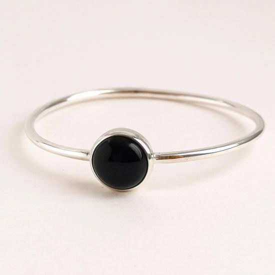 925 Sterling Silver Bangle with Round Black Onyx: Handmade Gemstone Minimalist Bracelet for Women
