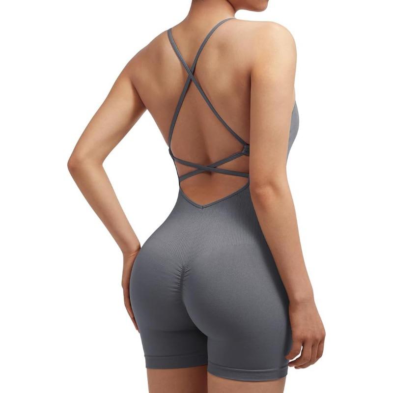 Women Strappy Romper Seamless Jumpsuit Tummy Control Padded Sports Bra