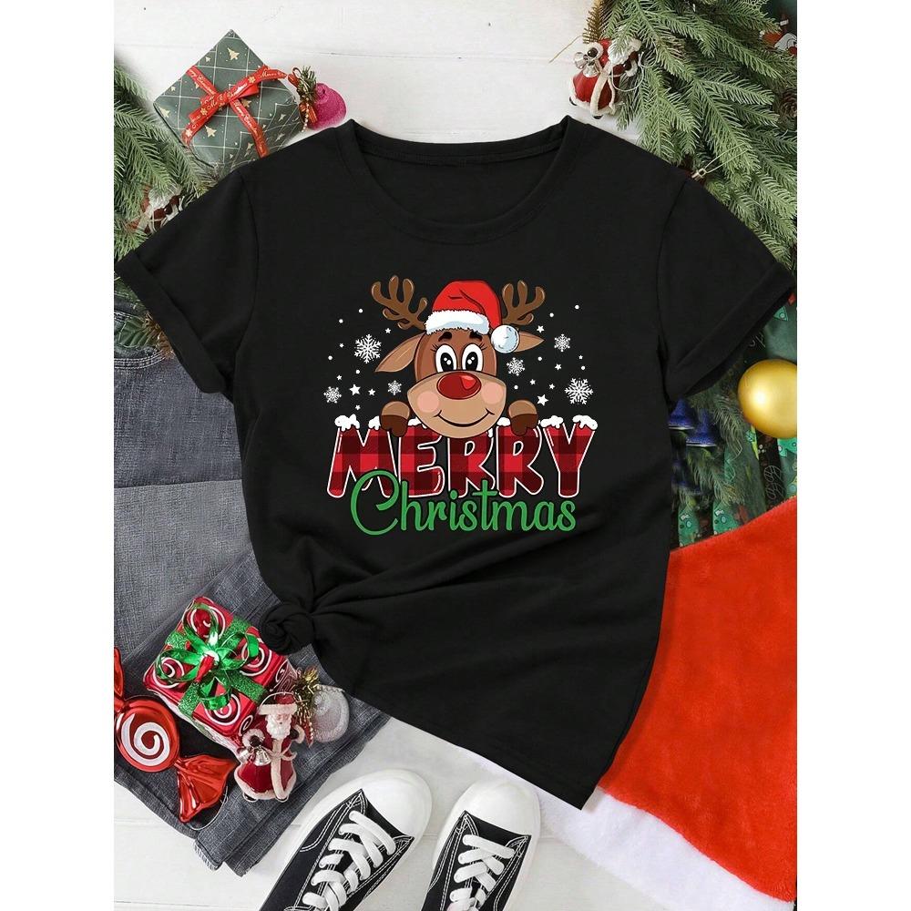 Frohe Weihnachten Niedlicher Rentier-Print Damen Lässige Kurzarm O-Ausschnitt T-Shirts Damen Weihnachtsfeier Oberteile