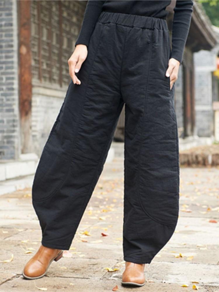 Johnature Winter Vintage Loose Cotton Linen Elastic Mid Waist Pants Solid Color Thicken Warm Women Pants