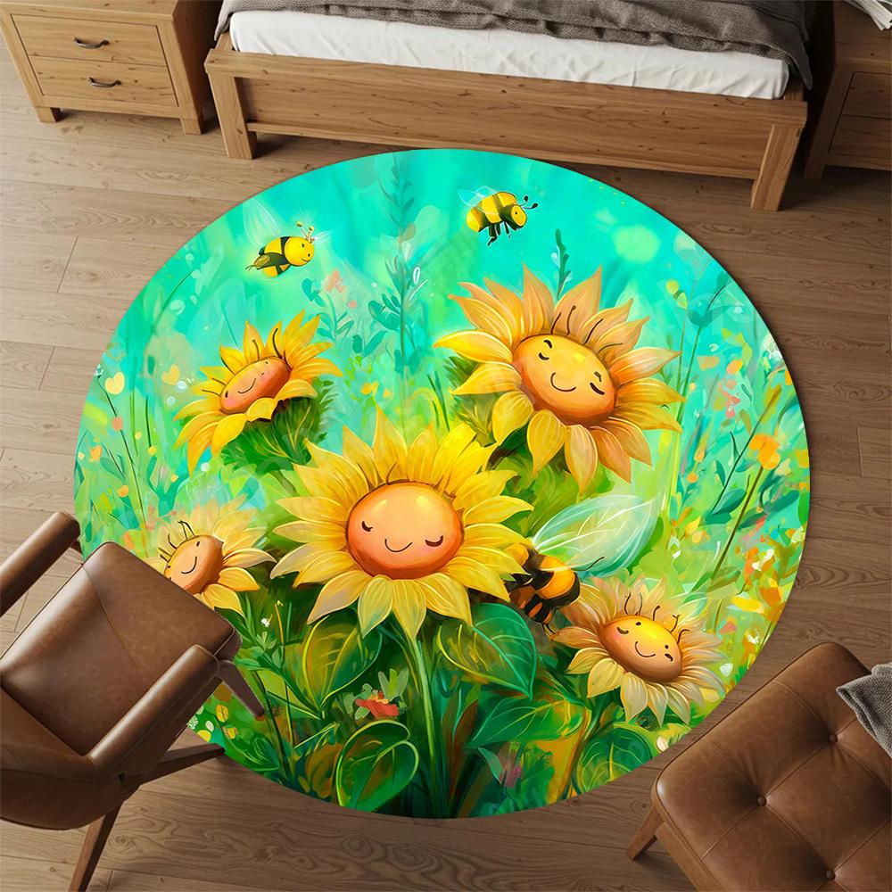 1PC sunflowers bees Office Round Area Rug, Under Office Chairs Bedroom Living Room Home Decor, Carpet for Office -1110104