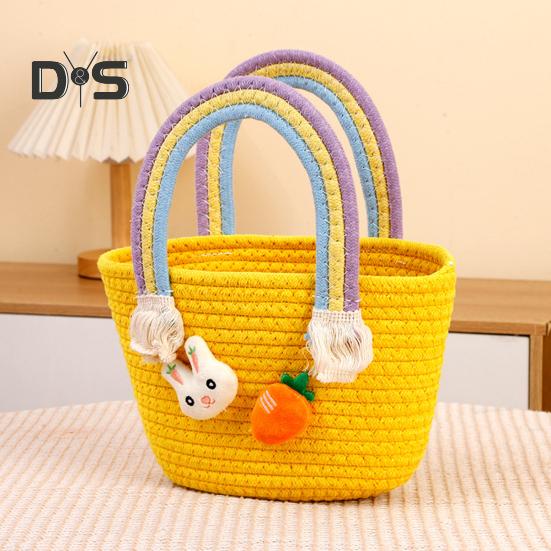 Gewebter Osterkorb mit Griff, gewebter Korb aus Baumwolle für die Eiersuche mit Hase und Karotte, leere Oster-Leckerli-Tasche für Geschenke und Süßigkeiten