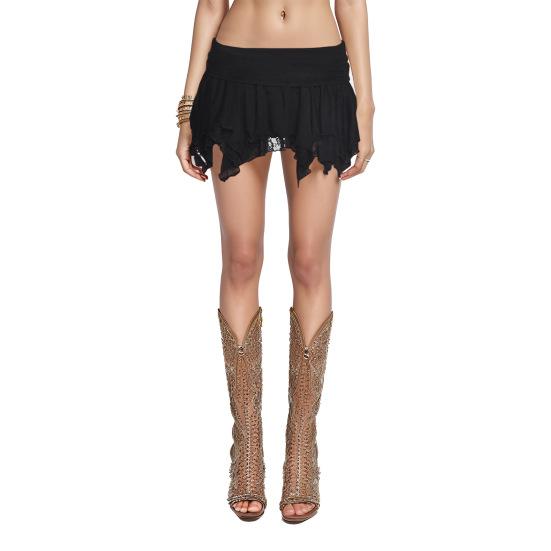 

Сексуальная мини-юбка женская двухслойная кружевная отделка асимметричная короткая юбка с низкой талией и оборками неровный подол юбка M чёрный