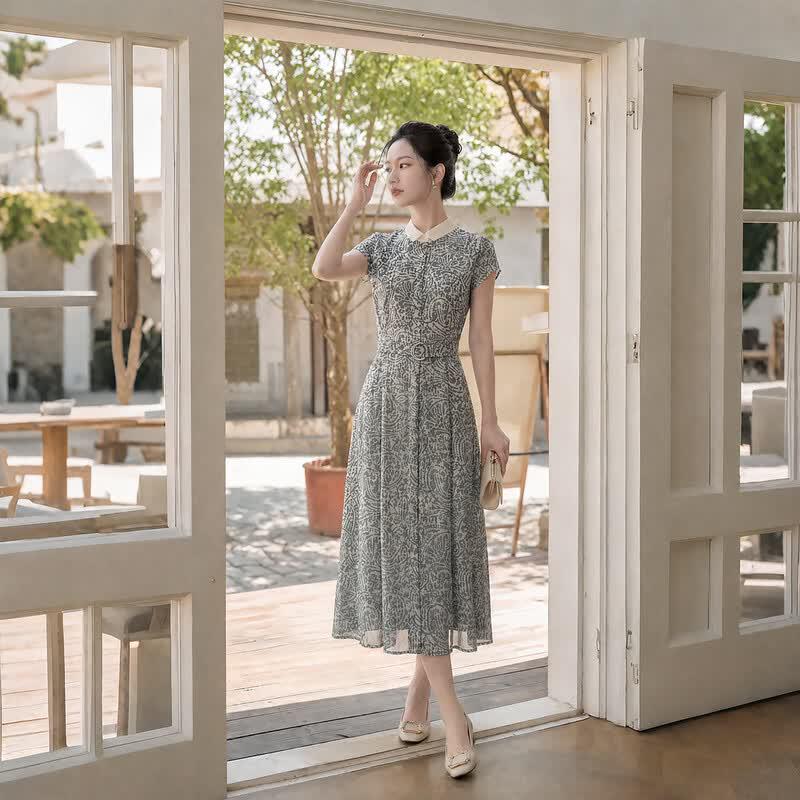 Qianbainian Women's Floral Print Lapel Chiffon Midi Dress