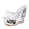 Fashion Glitter Slides Shallow Shoes Woman 2025 On A Wedge Female Slippers Peep Toe Fretwork Heels Heeled Mules Jelly New High PU Fabric