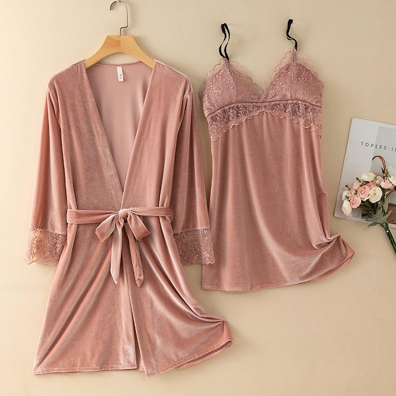 New Autumn Velvet Pajamas Two-piece Robe Set Feminine Lace See-through Robe Bathrobe Casual Velvet Home Clothes