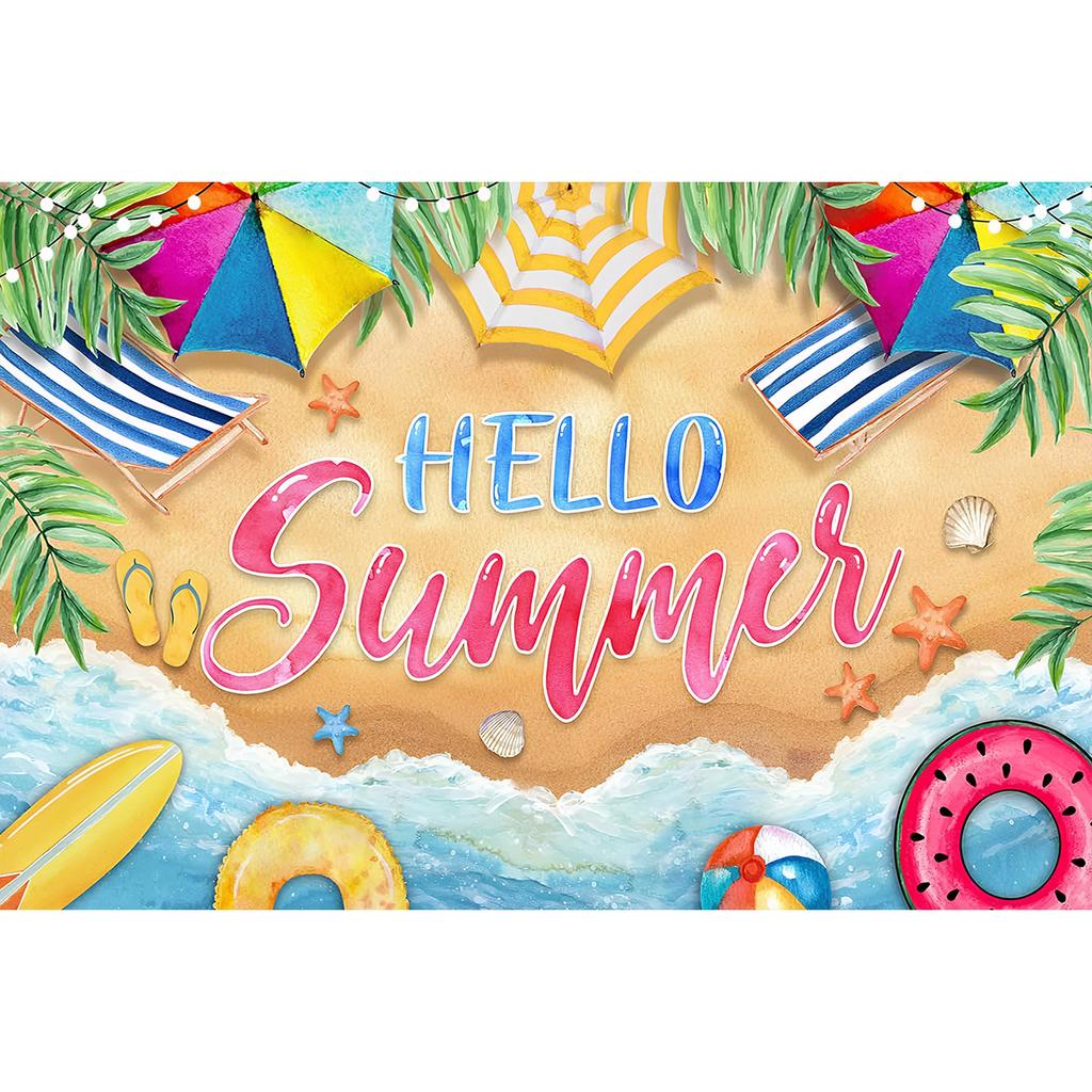 Hawaiian Beach Backdrop Hello Summer Tropical Ocean Palm Tree Surfboard Photo Background Luau Aloha Party Photo Booth Banner