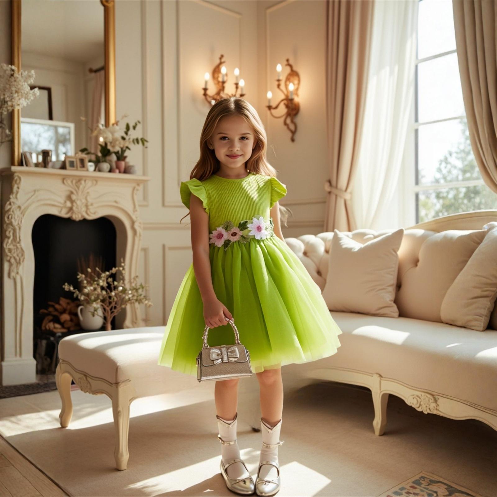 

Платье для девочек с сетчатым рукавом и ребристым поясом с цветочной отделкой 110 зелёный