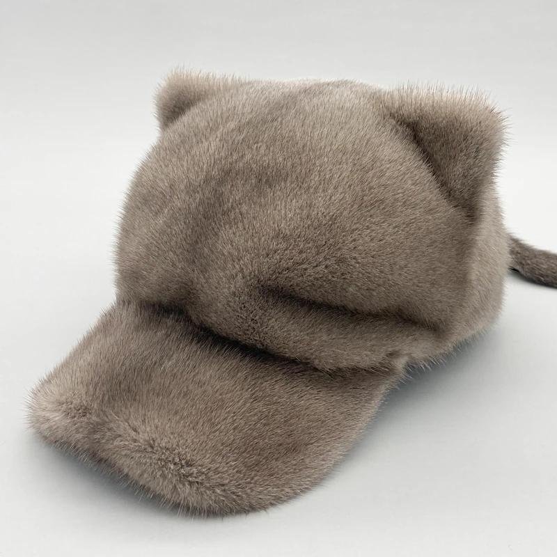 Mink Fur Hats for Women Winter Warm Solid Genuine Luxury Fur Cap High Quality Female Fur Hat with Tail Cute Girls Cat Hats