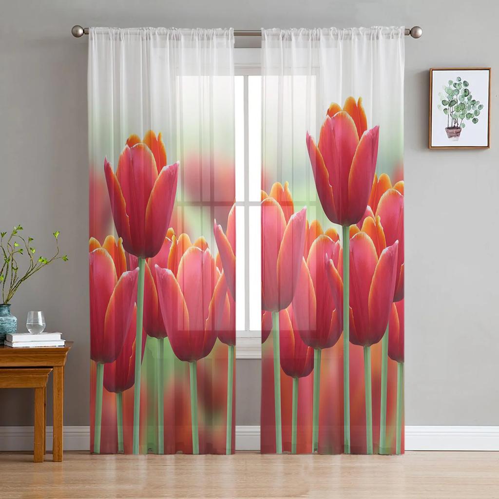 Spring Tulips Easter Mother Day Flowers Tulle Curtains Living Room Home Kitchen Decor Bedroom Window Drapes Light Filtering Made Of Polyester Sitting