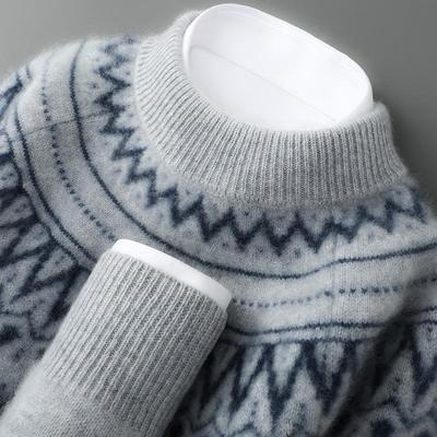 Men's Pure Wool Fair Isle Knit Sweater - Thickened Half-High Collar, Trendy Jacquard, Loose Plus Size