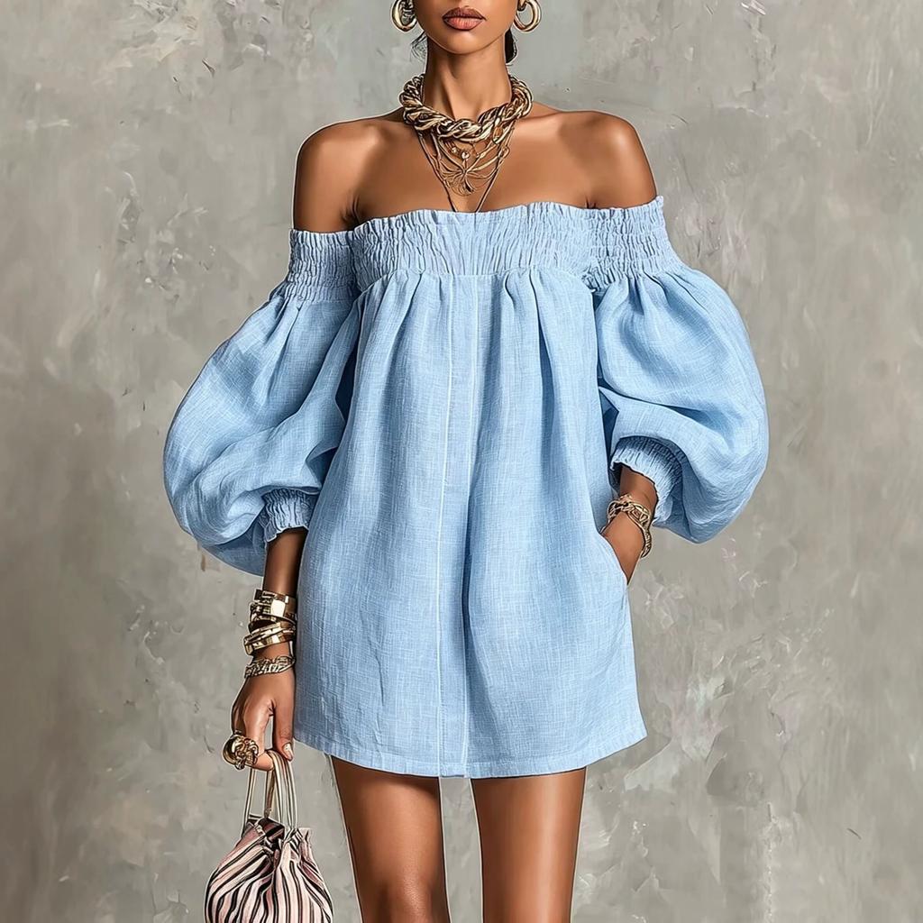 Robe smockée épaules dénudées manches bouffantes lanterne robe d'été ample avec poches latérales lin léger plage élégante fluide robe courte de fête