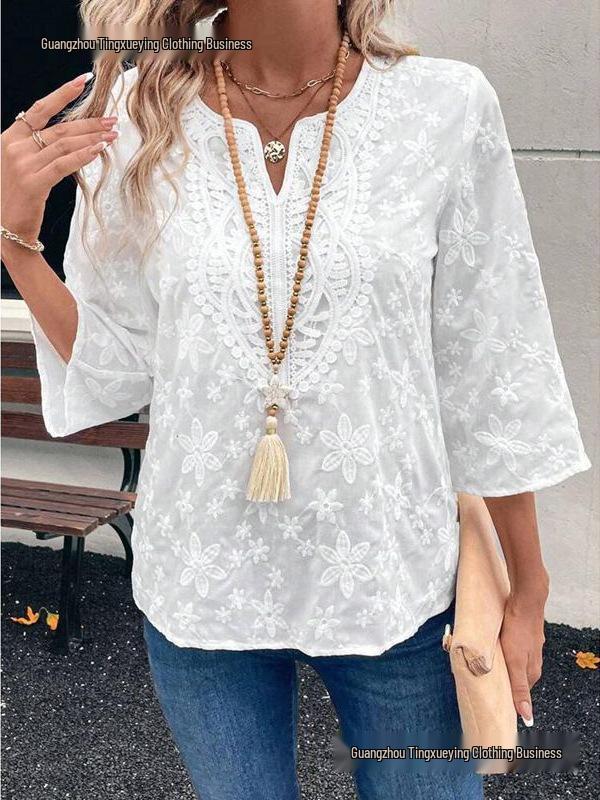 Spring & Autumn Casual Embroidered Lace V-neck Women's Top