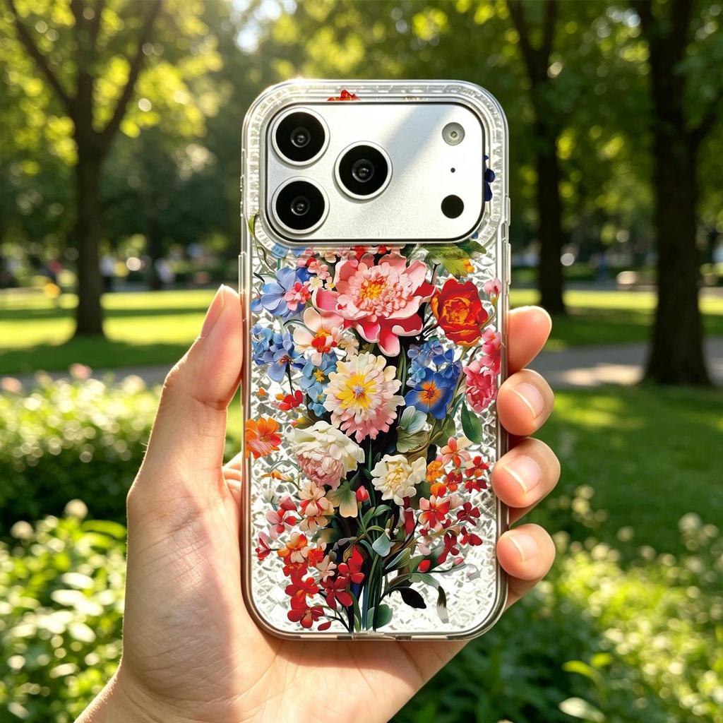 Case for iphone XR 12 Air XS Max 14 18 Pro Max 15 16 Plus 17 Pro 11 13 Silver Glitter Crackle Background Colorful Flowers