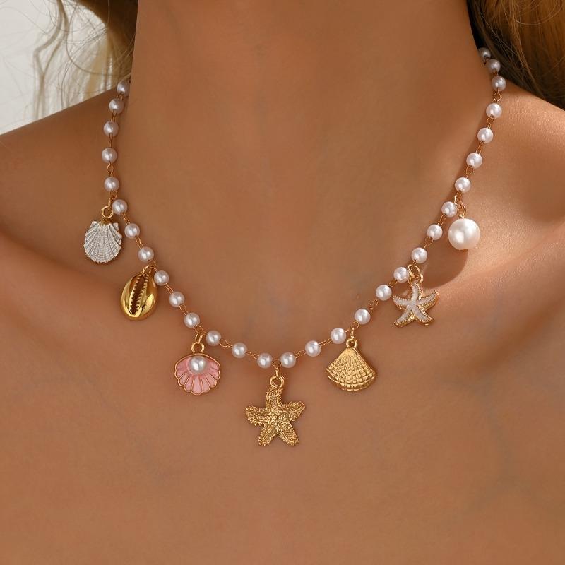 1PC Women'S Bohemian Gold Color Starfish & Shell Beaded Necklace with Imitation Pearl Summer Beach Jewelry