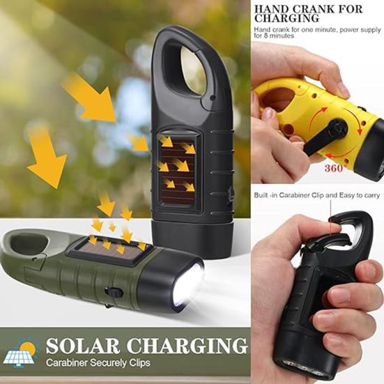 Hand Crank Solar Powered Flashlight Super Bright Compact Size Portable Emergency Rechargeable LED Flashlight Camping Gear